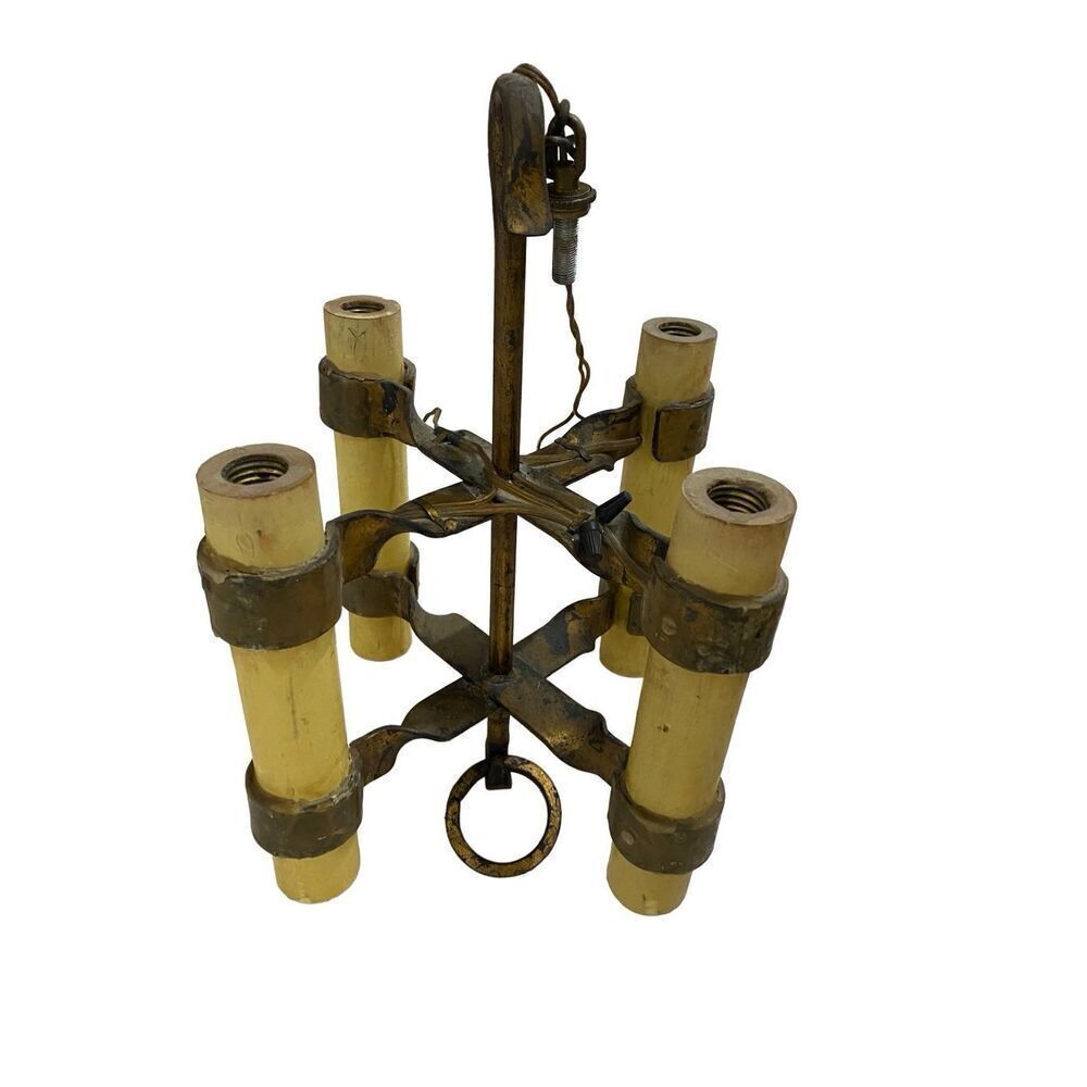 French Vintage 4 Light Gilt Iron  Fixture with Large Wax Candles Gothic Style Me